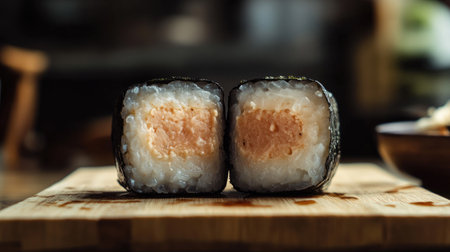 A creamy mentaiko onigiri wrapped in nori, cut in half to reveal the rich, spicy filling, placed on a bamboo serving boardの素材