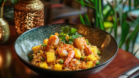A cozy Thai restaurant setting featuring a bowl of pineapple fried rice with shrimp, with decorative lanterns and tropical plants in the backgroundの素材