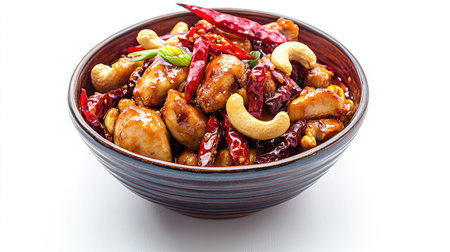 A perfectly balanced Thai cashew nut chicken dish, featuring golden cashews, red chilies, and tender chicken, isolated on a white backgroundの素材