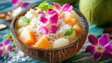 A bowl of Thai fruit dessert with melon, jackfruit, and crushed ice, topped with coconut milk and sugar syrup, served in a coconut shellの素材