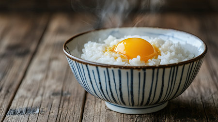 A bowl of tamago kake gohan with a half-broken raw egg yolk, steam rising gently from the hot rice, placed on a wooden tableの素材