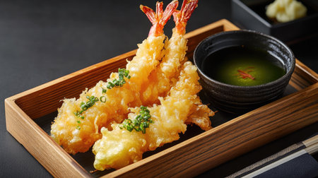 A crispy tempura dish with karashi mentaiko dipping sauce, served on a wooden tray with a side of matcha teaの素材