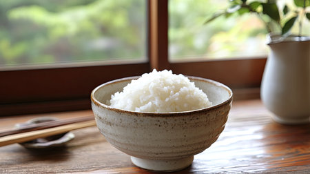 A cozy home setting with karashi mentaiko and freshly cooked rice, served in a traditional Japanese ceramic bowlの素材