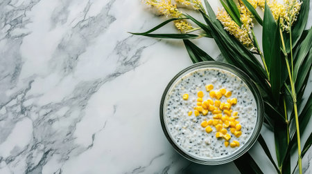 A glass dessert bowl of pandan-infused black bean and corn sago, topped with coconut milk, set on a marble countertopの素材