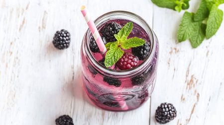 A high-angle view of blackberry and mint-infused water, served in a mason jar with a striped straw, on a white wooden tableの素材