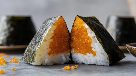 A close-up of a karashi mentaiko onigiri, sliced in half to reveal the spicy cod roe filling inside a seaweed-wrapped rice ballの素材