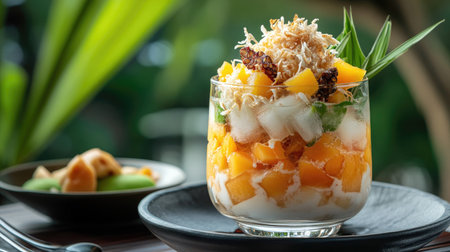A chilled glass of Thai dessert with melon, jackfruit, and shaved ice, drizzled with coconut milk and garnished with pandanの素材