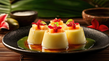 A food photography setup showcasing Thai melon and jackfruit dessert in natural light, highlighting the glossy sugar syrup and creamy coconut milkの素材