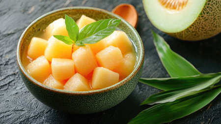 A high-angle shot of a Thai dessert bowl with jackfruit strips and melon cubes, presented with a fresh pandan leaf beside itの素材