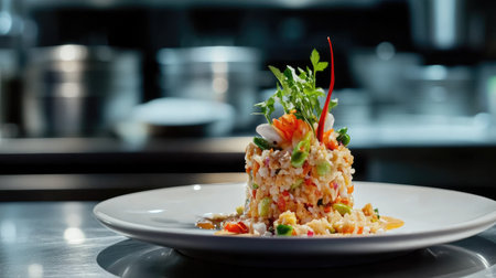 A home-cooked version of Khao Pad Sapparod, served on a white plate with simple garnishes, against a clean kitchen backgroundの素材