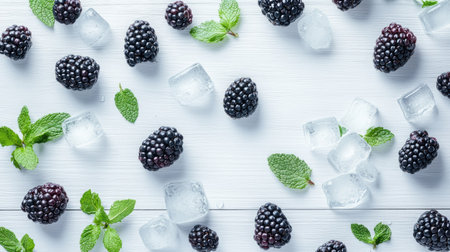 A flat lay of berry detox water ingredients, with fresh blackberries, mint, and ice cubes arranged artistically on a white wooden surfaceの素材