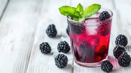 A picnic-inspired setup with cold detox water with blackberries and mint, served in a stylish glass with ice, placed on a white wooden surfaceの素材