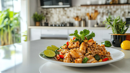 A home-cooked version of Khao Pad Sapparod, served on a white plate with simple garnishes, against a clean kitchen backgroundの素材