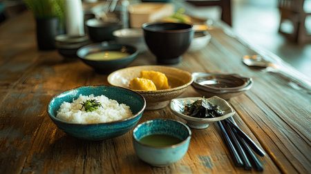 A peaceful Japanese breakfast setup with small ceramic dishes containing rice, miso soup, tamagoyaki, and nori, served on a wooden tableの素材