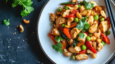 A minimalistic food photography setup featuring Thai chicken cashew stir-fry, neatly plated with fresh herbs on a white dishの素材