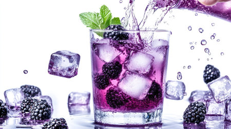 A hand pouring cold detox water with blackberries and mint into a glass, with ice cubes splashing, against a bright white backgroundの素材