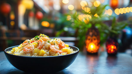 A cozy Thai restaurant setting featuring a bowl of pineapple fried rice with shrimp, with decorative lanterns and tropical plants in the backgroundの素材