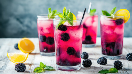 A family-style setting with several glasses of blackberry detox water, garnished with fresh mint, served on a white wooden dining tableの素材