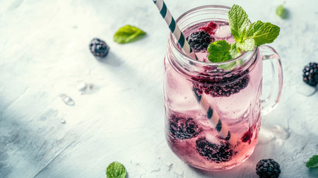 A high-angle view of blackberry and mint-infused water, served in a mason jar with a striped straw, on a white wooden tableの素材