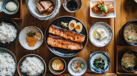 A family breakfast in a Japanese home, with multiple plates of traditional morning dishes including miso soup, grilled fish, and steamed riceの素材