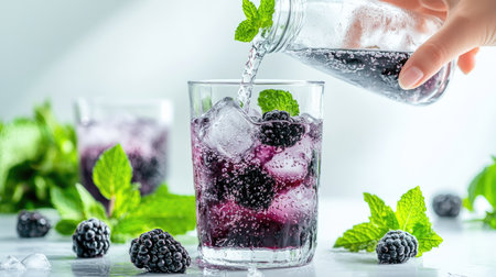 A hand pouring cold detox water with blackberries and mint into a glass, with ice cubes splashing, against a bright white backgroundの素材