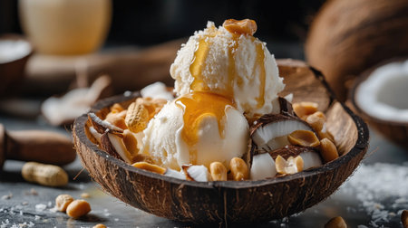 A food photography setup with coconut milk ice cream, garnished with fresh coconut meat, roasted peanuts, and a drizzle of honeyの素材