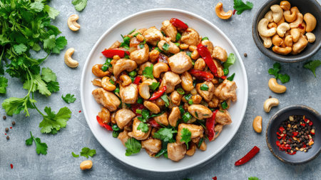 A minimalistic food photography setup featuring Thai chicken cashew stir-fry, neatly plated with fresh herbs on a white dishの素材