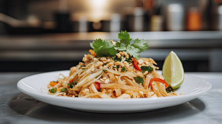 A home-cooked version of Khao Pad Sapparod, served on a white plate with simple garnishes, against a clean kitchen backgroundの素材