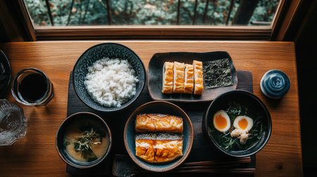 A peaceful Japanese breakfast setup with small ceramic dishes containing rice, miso soup, tamagoyaki, and nori, served on a wooden tableの素材