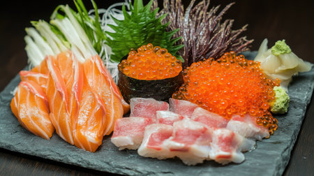 A luxurious seafood platter featuring karashi mentaiko, uni sea urchin, ikura, and fresh sashimi, elegantly arranged on a slate plateの素材