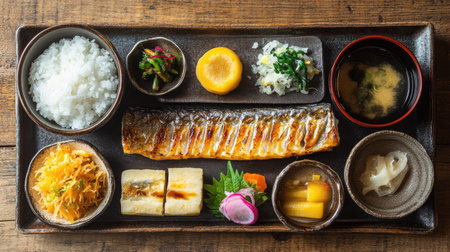 A neatly plated Japanese breakfast with rice, miso soup, grilled mackerel, tamagoyaki, pickled vegetables, and soy sauceの素材