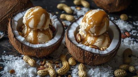 A perfect summer treat with coconut milk ice cream served in a coconut shell, topped with roasted peanuts, coconut flakes, and a drizzle of condensed milkの素材