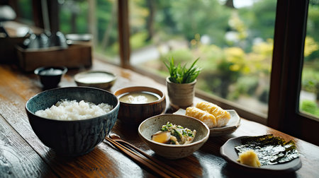 A peaceful Japanese breakfast setup with small ceramic dishes containing rice, miso soup, tamagoyaki, and nori, served on a wooden tableの素材