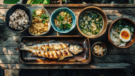 A rustic Japanese breakfast set with tamago kake gohan, grilled fish, miso soup, and pickled vegetables on a wooden trayの素材