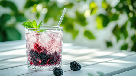 A refreshing summer drink scene with blackberry detox water, served in a glass tumbler with a straw, on a white wooden picnic tableの素材