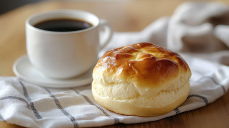 A soft bread roll stuffed with creamy mentaiko spread, placed on a wooden table with a small cup of coffeeの素材