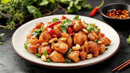 A rustic serving of Thai stir-fried chicken with cashew nuts, placed on a white plate, with a side of chili flakes and soy sauceの素材