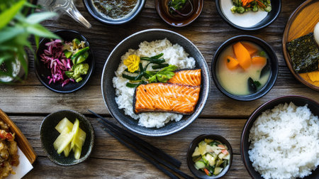 A top-down view of a traditional Japanese breakfast featuring miso soup, rice, seaweed, pickled vegetables, and grilled salmonの素材