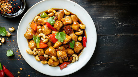 A rustic serving of Thai stir-fried chicken with cashew nuts, placed on a white plate, with a side of chili flakes and soy sauceの素材
