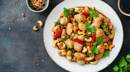 A rustic serving of Thai stir-fried chicken with cashew nuts, placed on a white plate, with a side of chili flakes and soy sauceの素材
