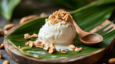 A scoop of homemade coconut milk ice cream placed on a banana leaf, topped with crushed roasted peanuts and served with a wooden spoonの素材