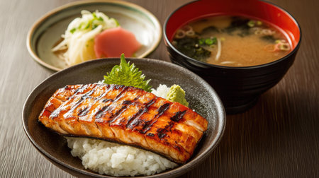 A traditional Kyushu-style dish featuring grilled mentaiko, a side of steamed rice, and a small bowl of miso soupの素材