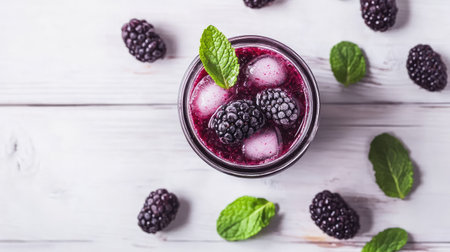 A top-down view of a glass jar filled with blackberry and mint-infused detox water, with ice cubes floating, placed on a white wooden tableの素材