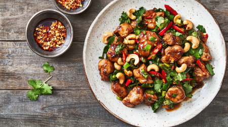 A rustic serving of Thai stir-fried chicken with cashew nuts, placed on a white plate, with a side of chili flakes and soy sauceの素材