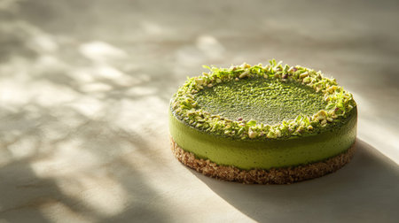 Aesthetic green tea matcha and pistachio mousse cake with a smooth surface, natural sunlight creating depth through hard-edged shadowsの素材