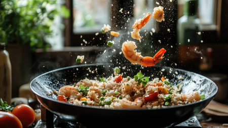 A wok tossing shrimp fried rice with pineapple, with ingredients flying mid-air, capturing the dynamic cooking processの素材