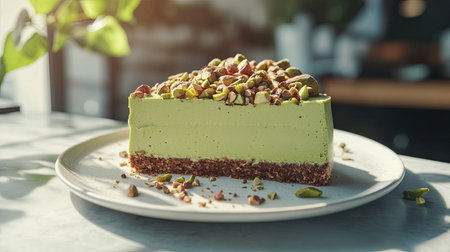 Artistic food shot featuring a raw green matcha mousse cake with pistachios, plated beautifully on a white ceramic dish, strong directional sunlightの素材