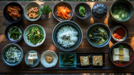 A vibrant morning spread with Japanese breakfast dishes placed on a wooden table, featuring pickled vegetables, tofu, rice, and miso soupの素材