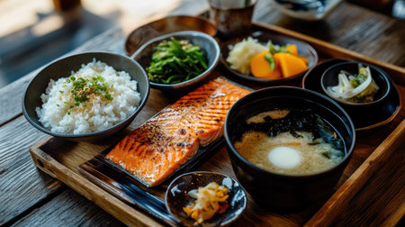 A traditional Japanese breakfast with grilled salmon, miso soup, steamed rice, tamago kake gohan, and pickled vegetables on a wooden trayの素材