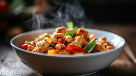 A steaming hot Thai stir-fried chicken dish served in a white bowl, with cashew nuts and bell peppers glistening in the sauceの素材